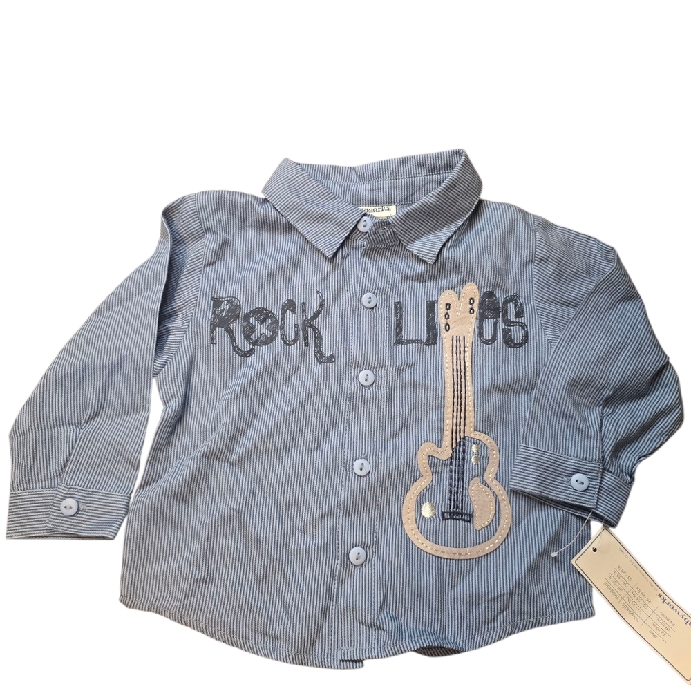 Vintage Nwt Babyworks 18 Month "Rock Lives" Button-Up. Blue/Gray Pinstripe 2009